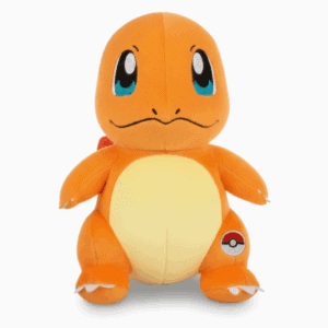 Peluche Salamèche avec badge prouvant l’authenticité du produit.