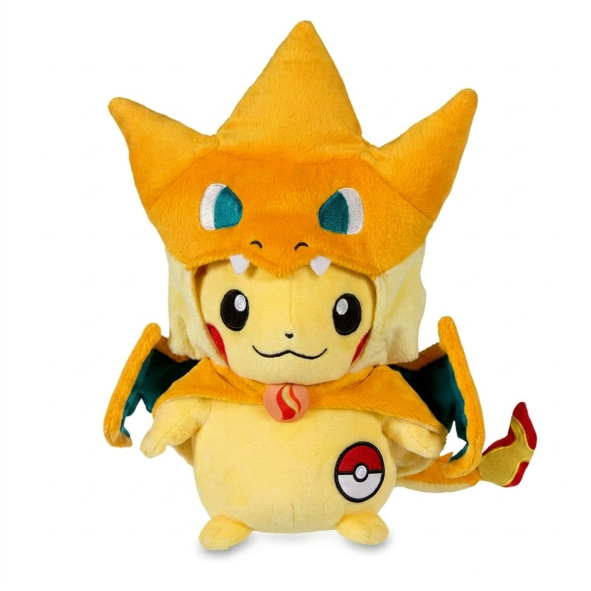 Peluche Dracaufeu avec badge prouvant l'authenticité du produit.