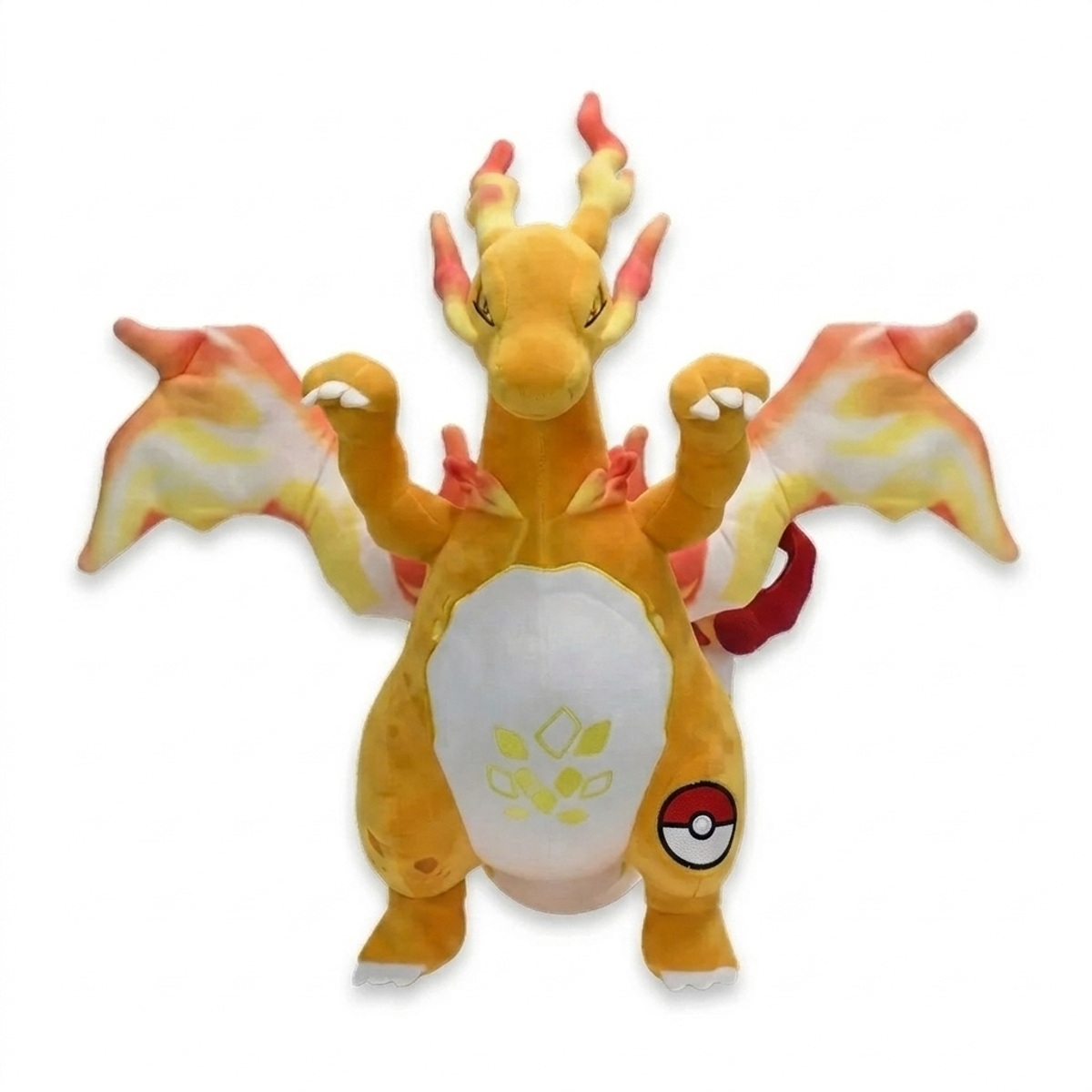 Peluche Dracaufeu avec badge prouvant l'authenticité du produit.