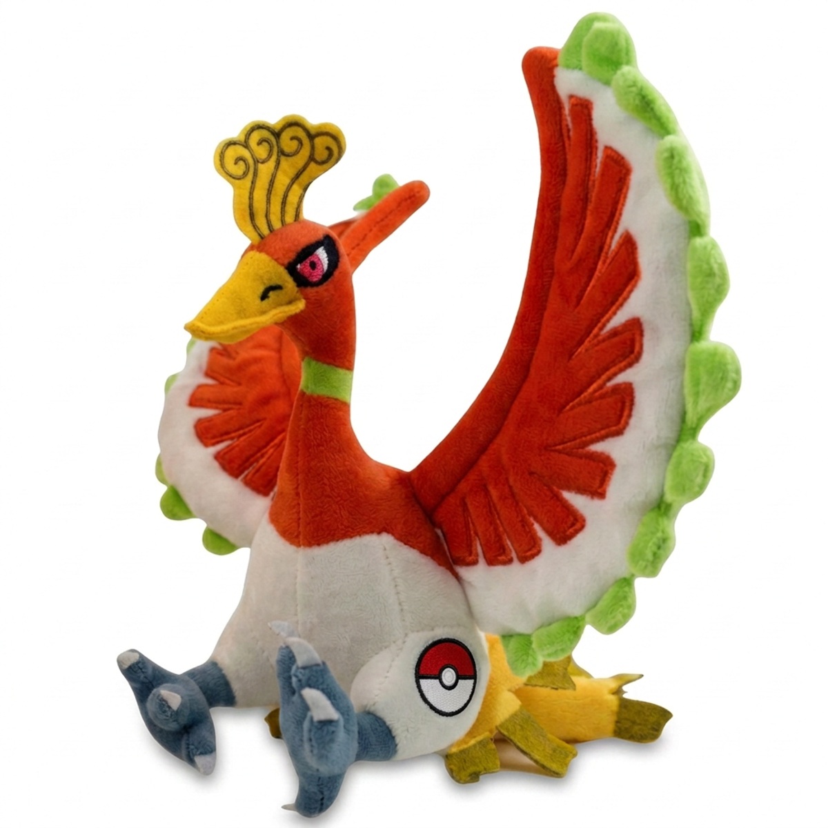Peluche Ho-Oh avec badge prouvant l'authenticité du produit.