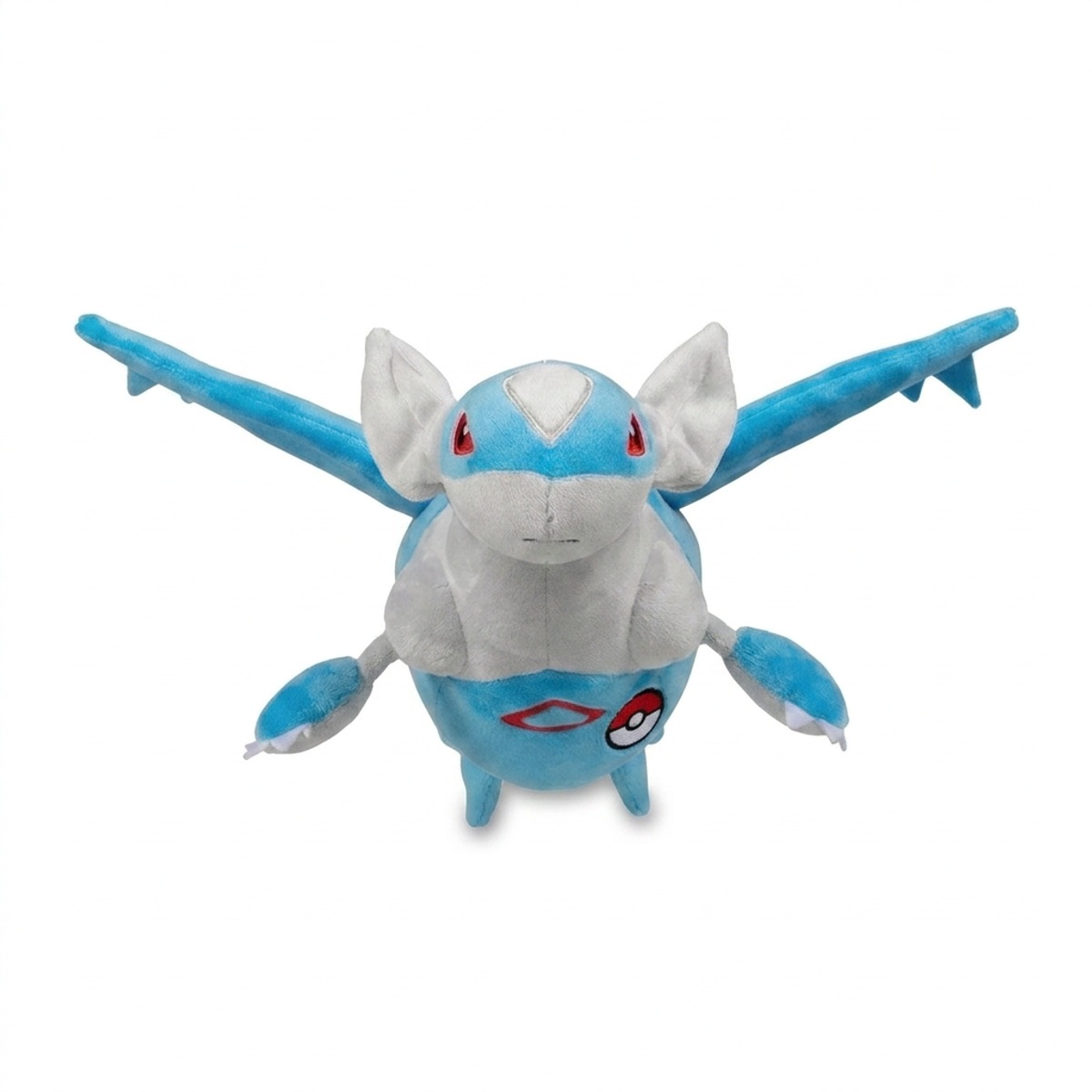 Peluche Latios avec badge prouvant l'authenticité du produit.