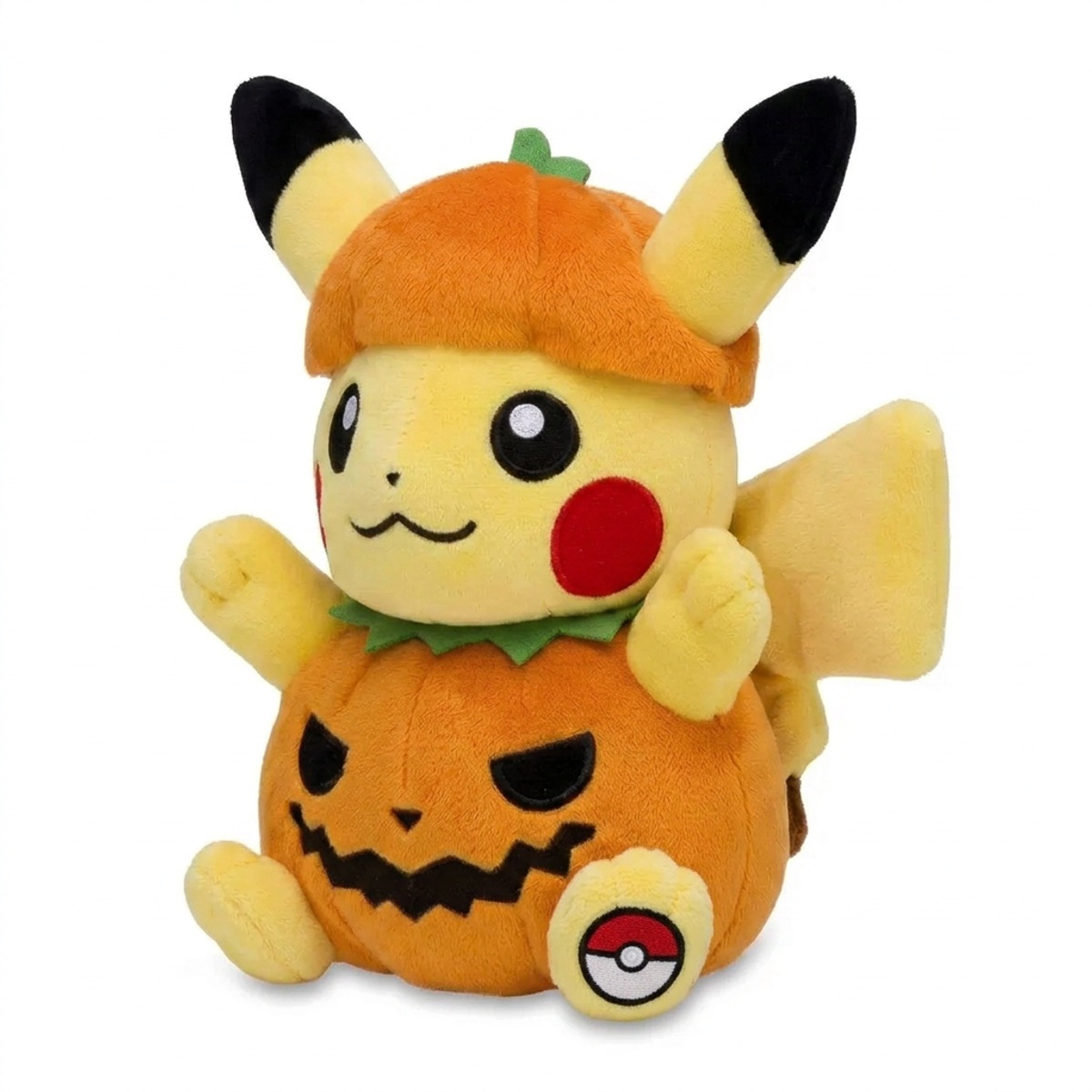 Peluche Pikachu avec badge prouvant l'authenticité du produit.